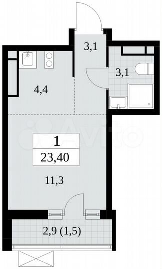 Квартира-студия, 23,4 м², 15/15 эт.
