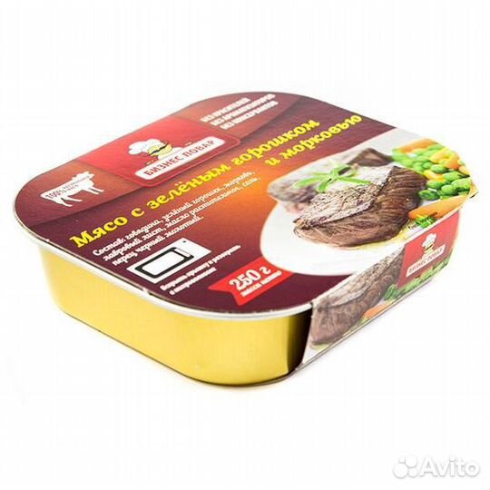 Консервы: мясо с зеленым горошком и морковью, 250