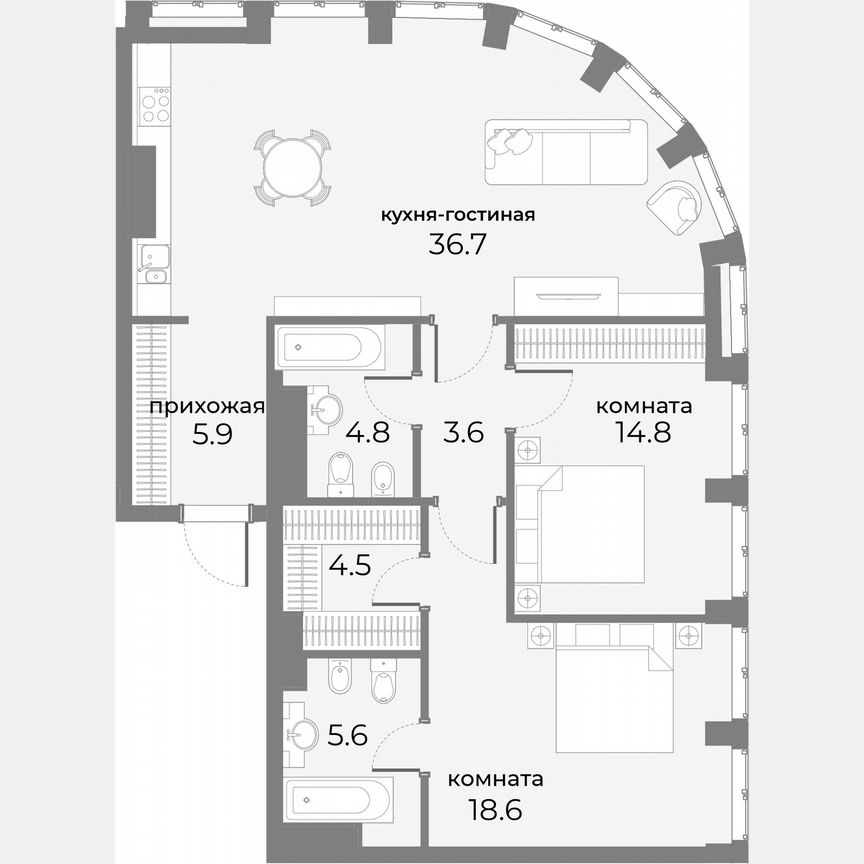 2-к. апартаменты, 94,5 м², 8/20 эт.