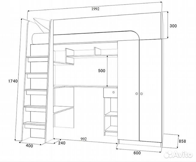 Кровать чердак со столом и шкафом Сонома/Венге