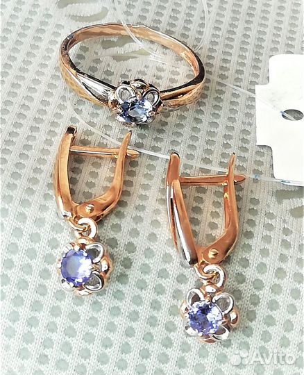 Серьги, кольцо серебро танзанит разм.17,5 С144