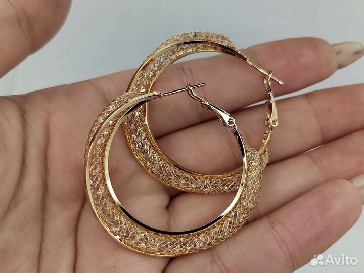 Серьги конго цирконы в сетке, покрытие золото