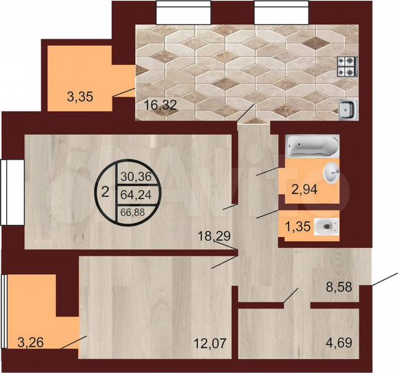 2-к. квартира, 68 м², 7/9 эт.