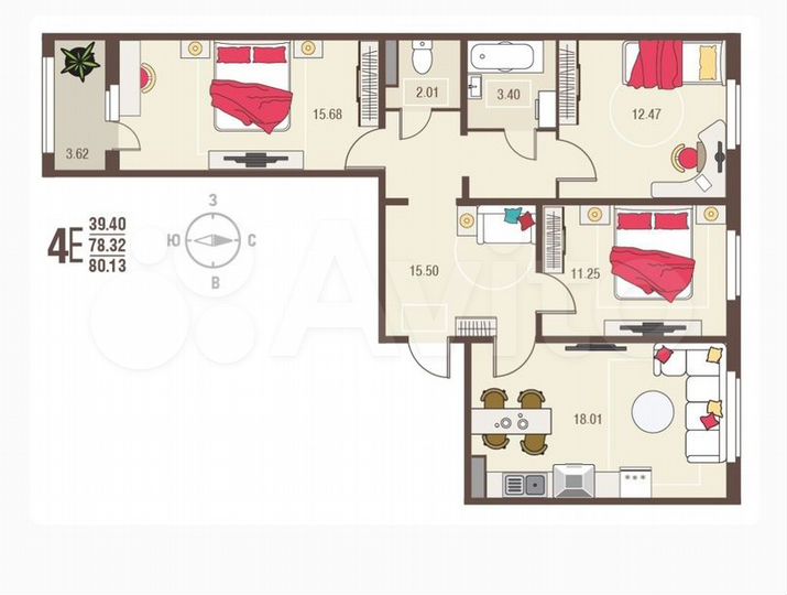 4-к. квартира, 80,1 м², 16/17 эт.