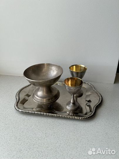 Мельхиор креманка,рюмки-кокотницы, поднос метал