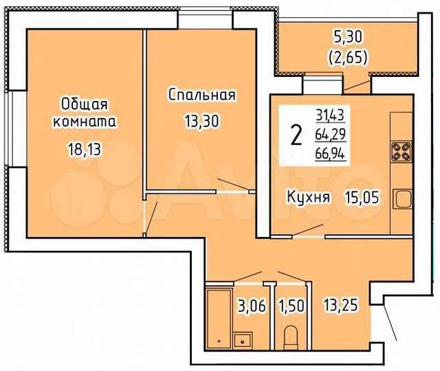 2-к. квартира, 66,9 м², 1/9 эт.