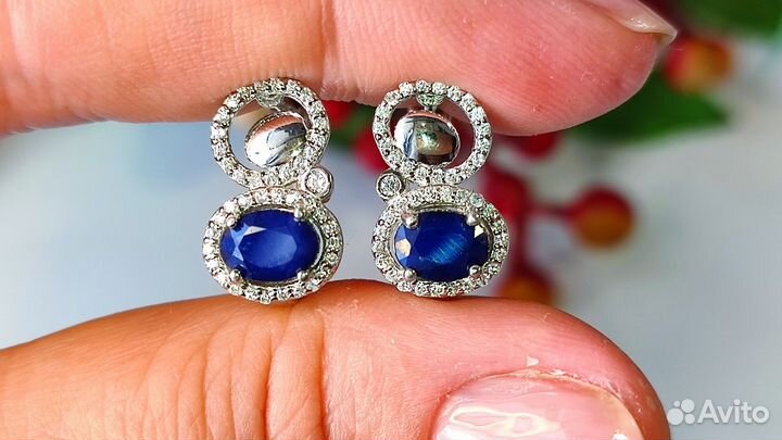 Серьги с сапфирами Шри-Ланка 2ct, 5,1 гр, s925