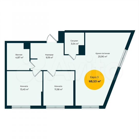 2-к. квартира, 68,5 м², 5/23 эт.
