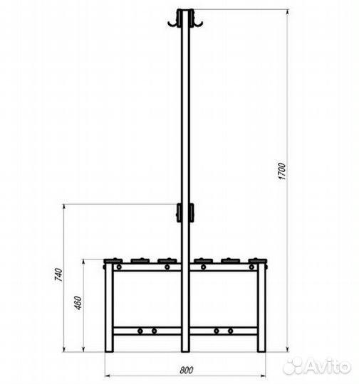 Скамейка с вешалкой для раздевалок двухсторонняя, 120 см цельная Pioner A17189