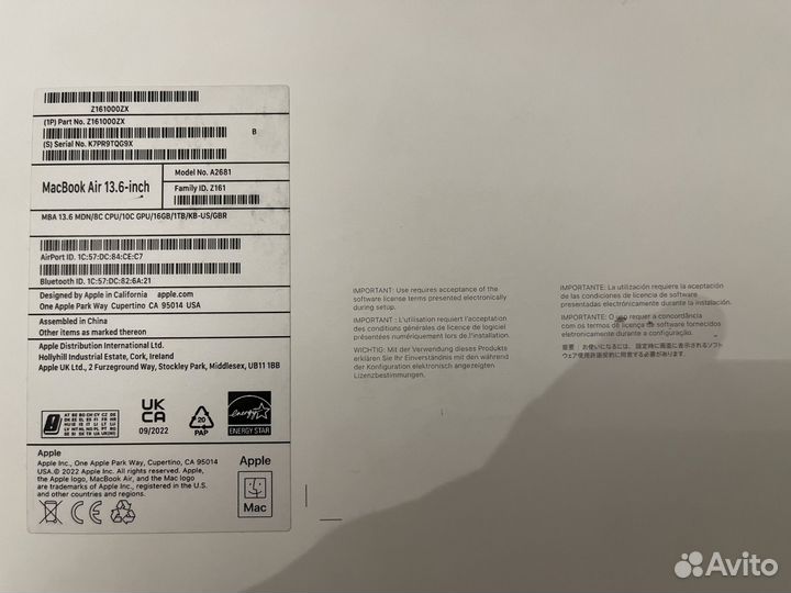 Apple macbook air 13.6 m2/8C CPU/10C GPU/16GB/1TB