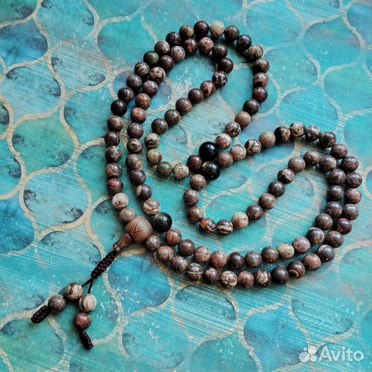 Буддийские четки Мала из яшмы, 108 бусин