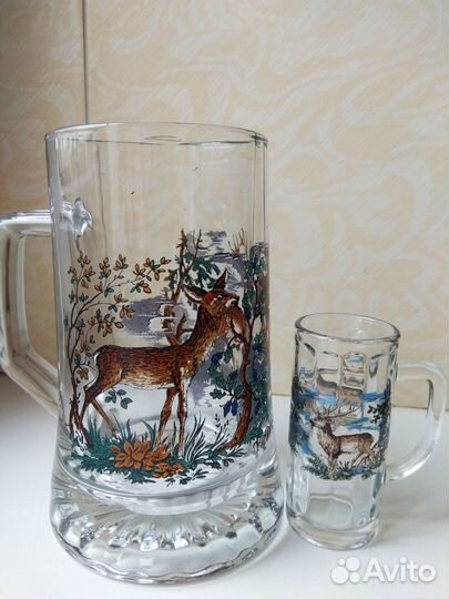 Пивная кружка стеклянная с рюмкой «Олень в лесу»