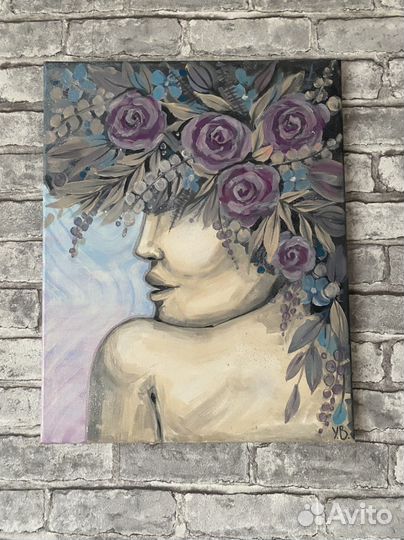 Картина маслом на холмте девушка с цветами