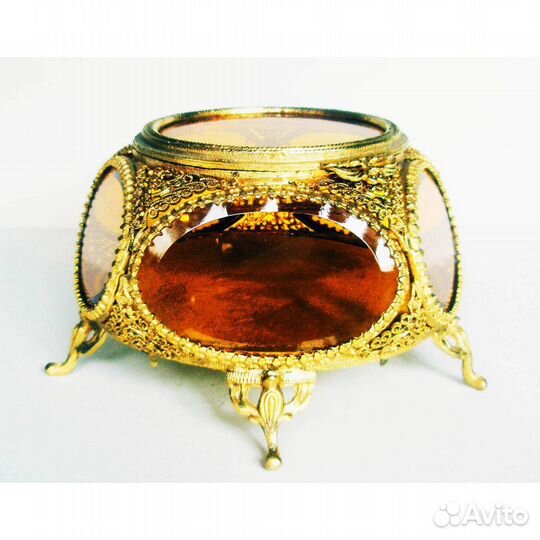 Шкатулка Старинная Цветное Стекло Позолота 24К США