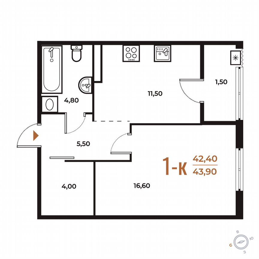 1-к. квартира, 43,9 м², 5/8 эт.