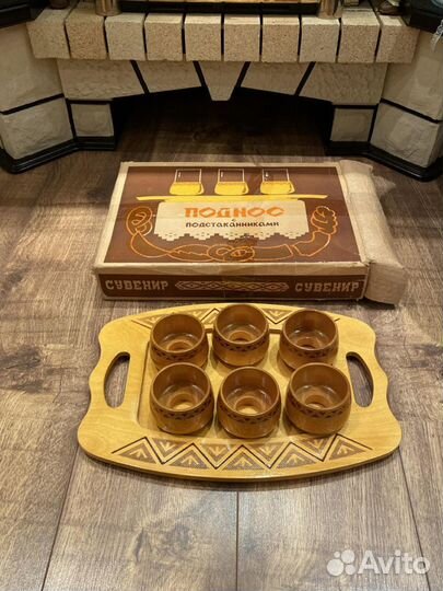 Поднос с подстаканниками ссср(дерево)