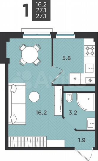 1-к. квартира, 27,1 м², 2/3 эт.