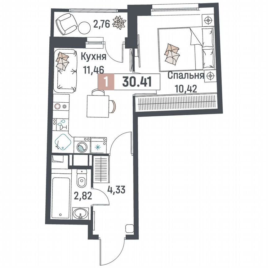 1-к. квартира, 30,4 м², 17/18 эт.