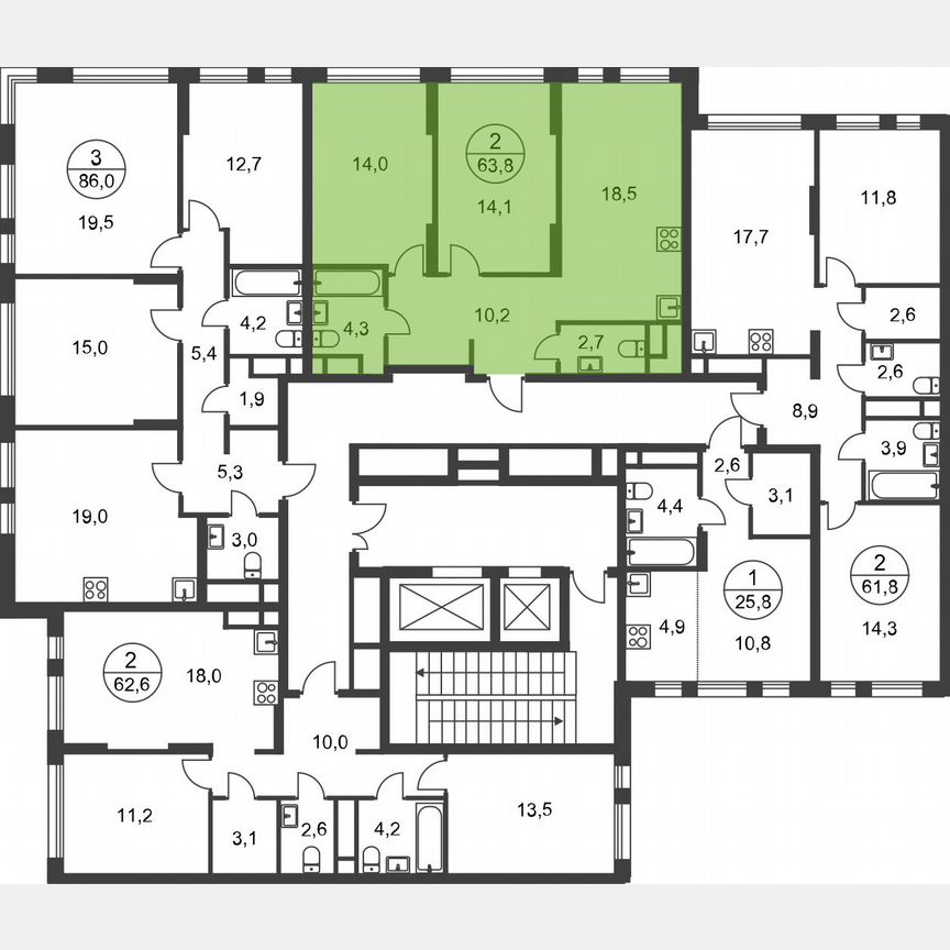 2-к. квартира, 63,8 м², 8/17 эт.