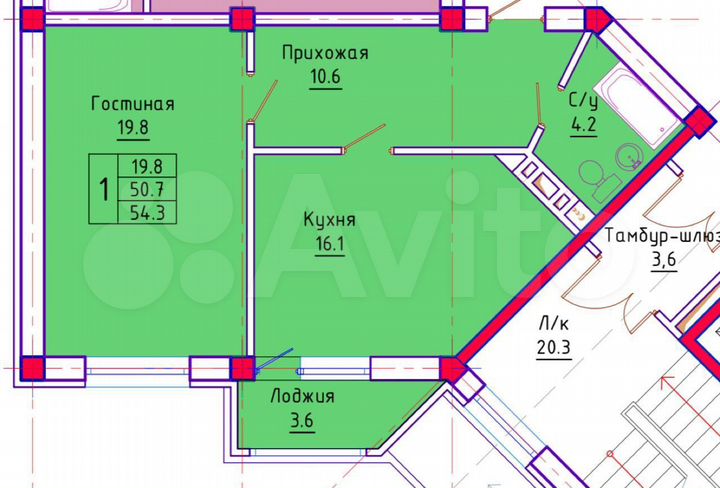 1-к. квартира, 54,3 м², 6/12 эт.
