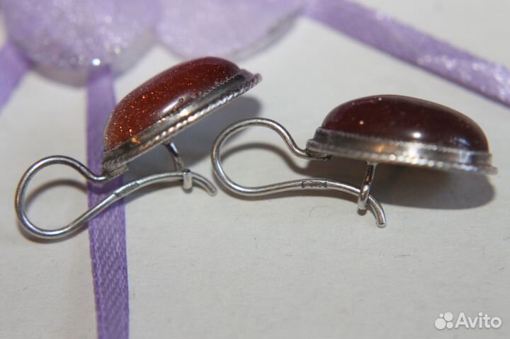 Серьги серебро 875 пробы СССР винтаж авантюрин