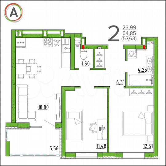 2-к. квартира, 58 м², 13/14 эт.