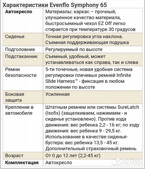 Кресло детское автомобильное Evenflo Symphony 65