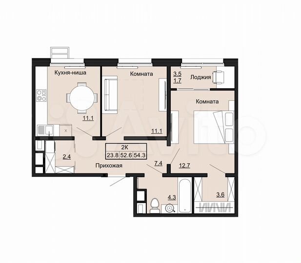 2-к. квартира, 54,3 м², 9/12 эт.