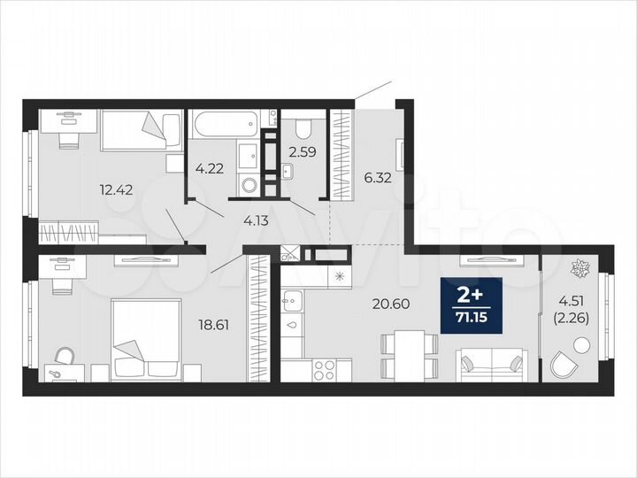 2-к. квартира, 71,2 м², 16/21 эт.