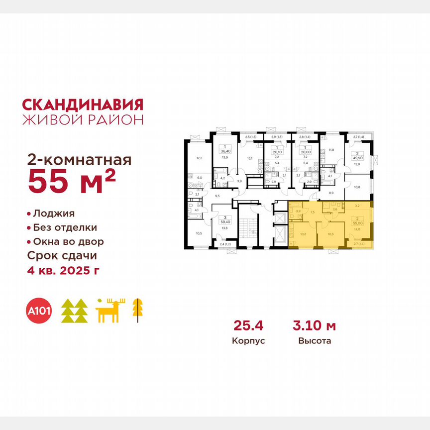 2-к. квартира, 55 м², 10/13 эт.