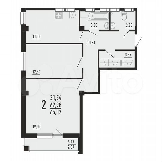 2-к. квартира, 65,1 м², 9/16 эт.