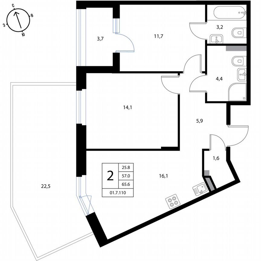 2-к. квартира, 65,6 м², 1/3 эт.
