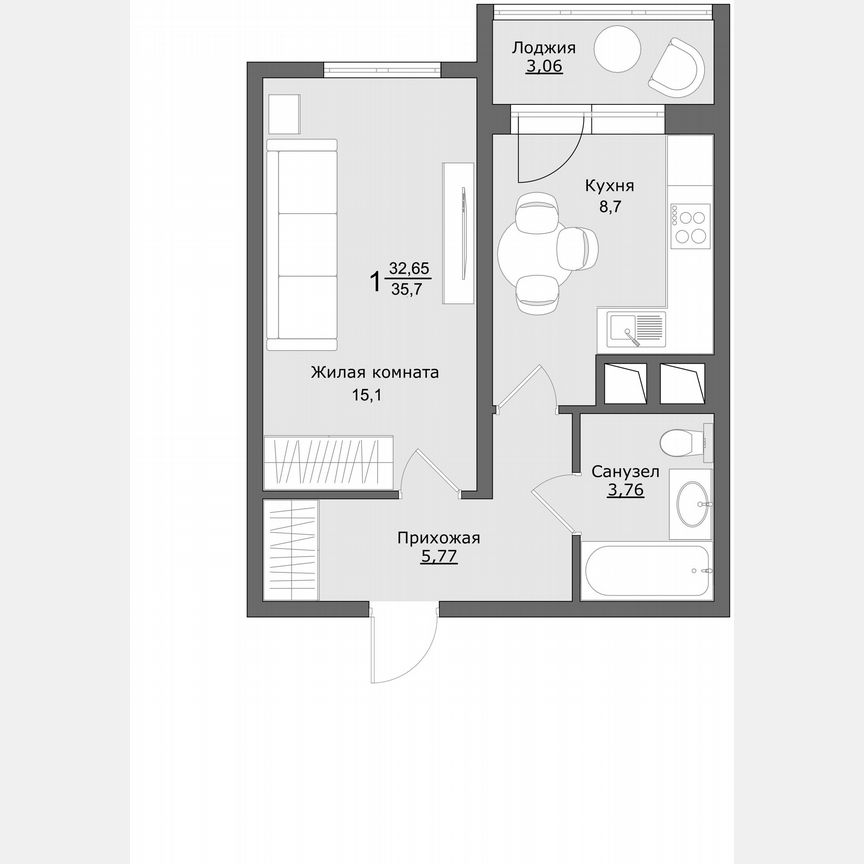 1-к. квартира, 35,4 м², 3/9 эт.