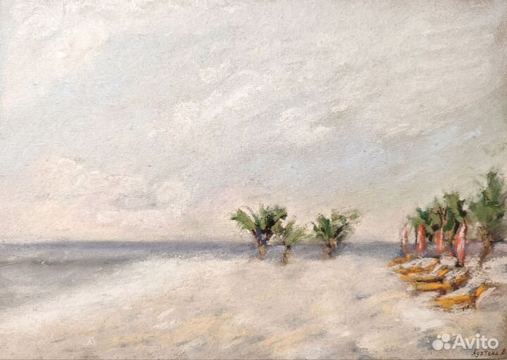 Картина пляж пастелью на бумаге океан пальмы