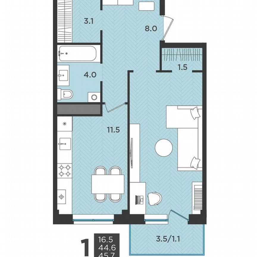 1-к. квартира, 45,7 м², 2/3 эт.