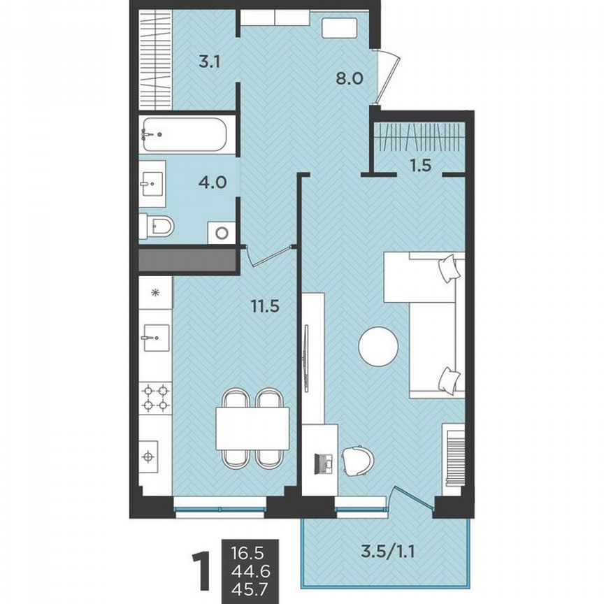 1-к. квартира, 45,7 м², 2/3 эт.