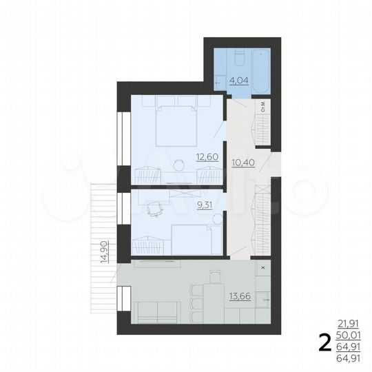 2-к. квартира, 64,9 м², 1/6 эт.