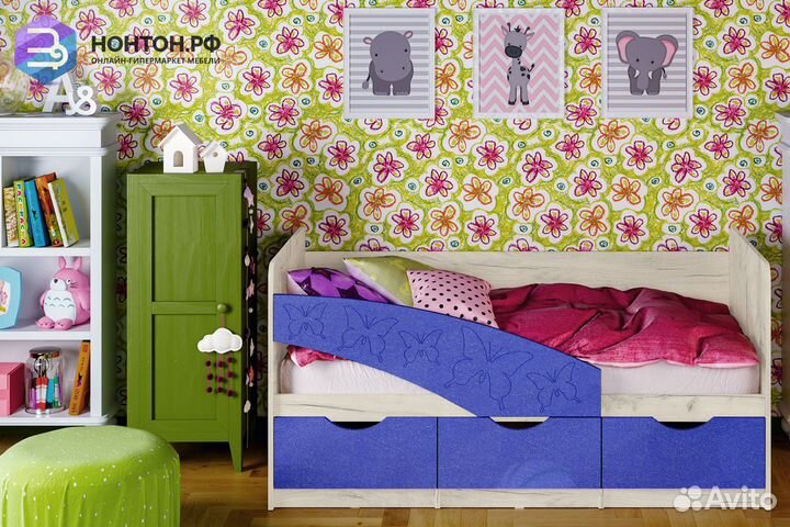 Кровать Бабочки синий металлик / дуб крафт белый