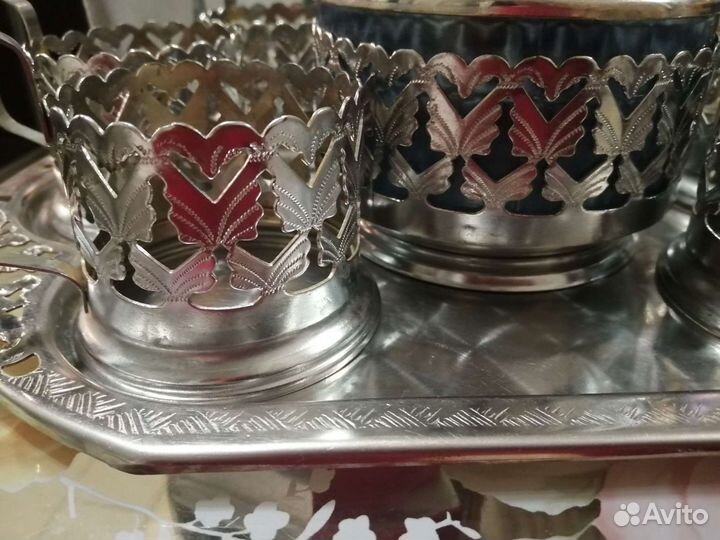 Набор подстаканников на подносе с конфетницей СССР