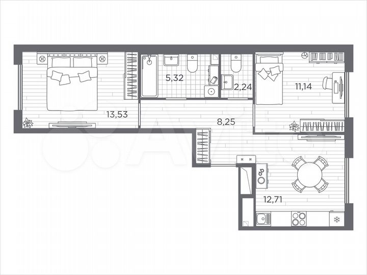 2-к. квартира, 53,2 м², 2/5 эт.