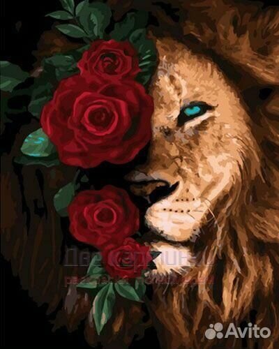 Картина по номерам 40x50 Портет льва и багровые ро