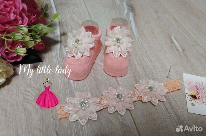 Комплект пинетки (носочки) и повязка новый