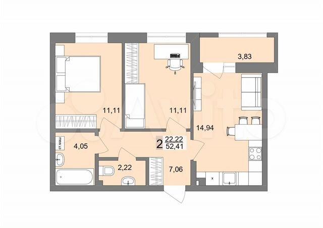 2-к. квартира, 51,2 м², 21/26 эт.