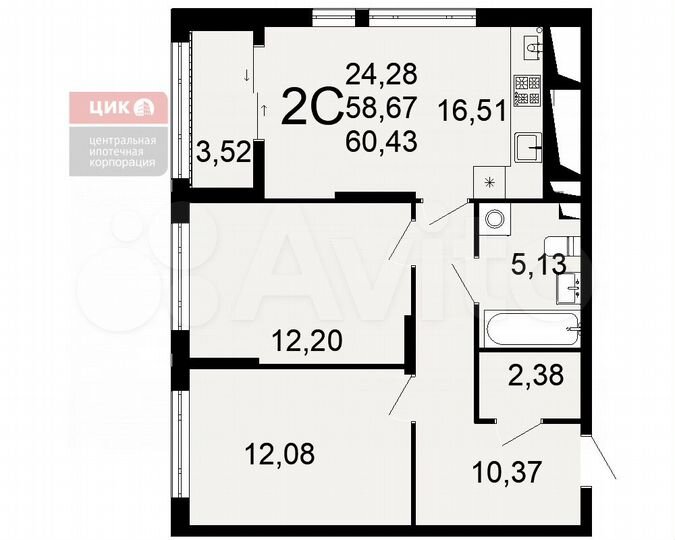2-к. квартира, 60 м², 9/26 эт.