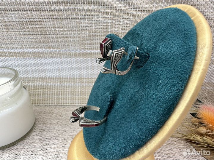 Серьги и кольцо фианиты эмали чернение мельхиор