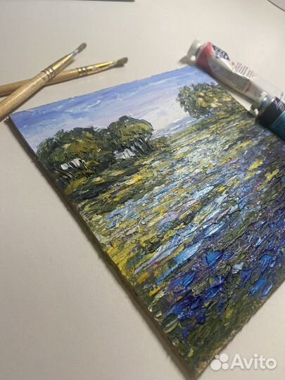 Картина маслом пейзаж цветы 19,5*19,5 см