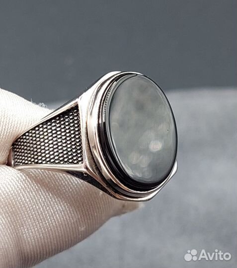 Серебряное кольцо мужское, перстень с агатом