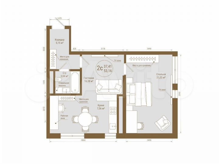 2-к. квартира, 53,2 м², 13/25 эт.