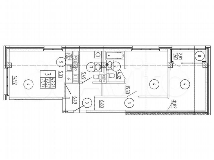 2-к. квартира, 71,8 м², 4/7 эт.