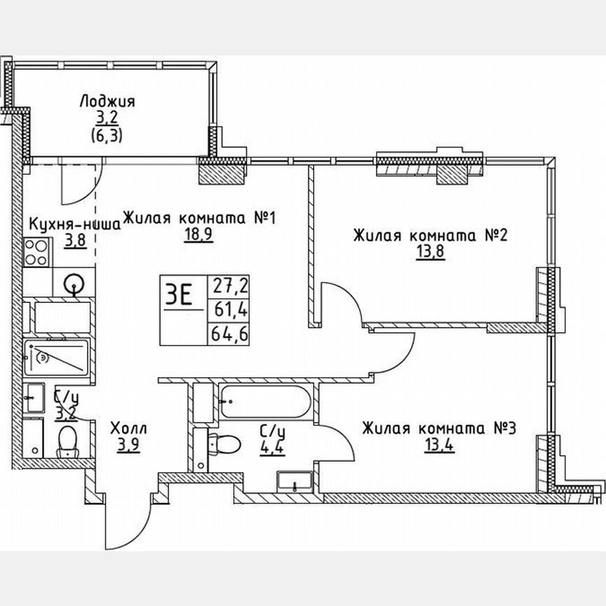 2-к. квартира, 61,4 м², 6/19 эт.